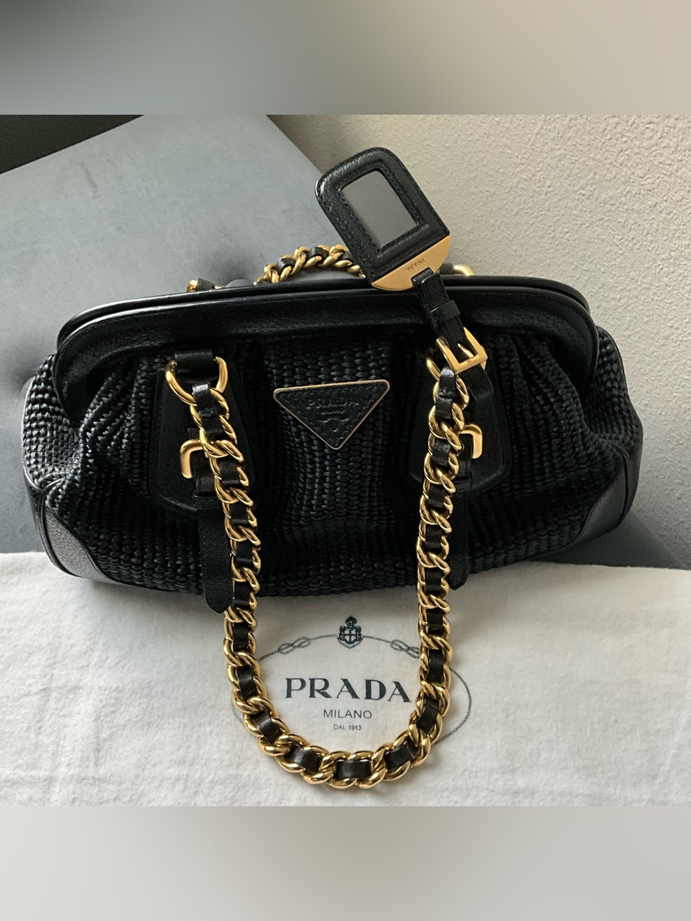 Vintage Prada Black Woven Shoulder Bag with Gold-Tone Chain Strap